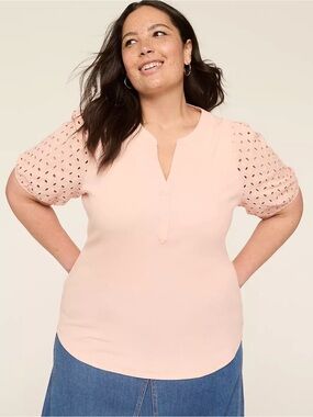 Eyelet Sleeve, Notch Neck Rib Top in Tropical Peach